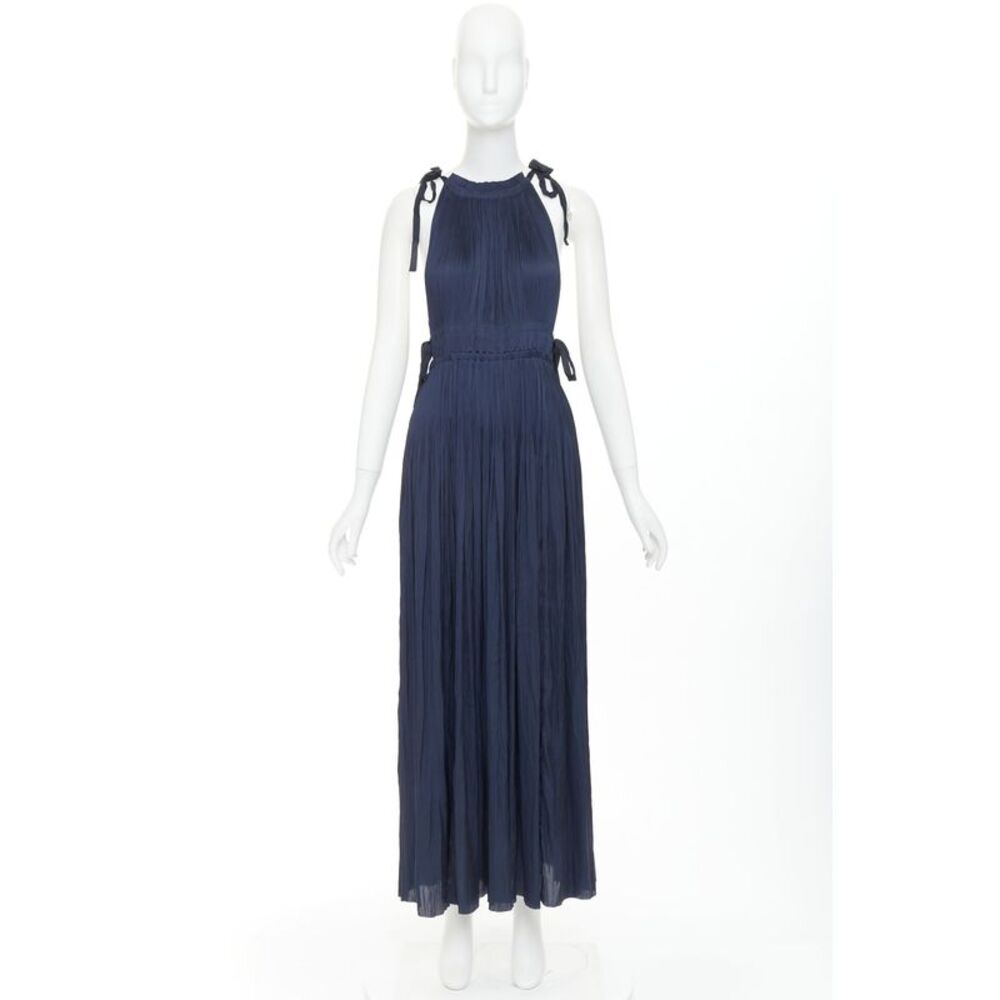ULLA JOHNSON midnight blue pleated halter neck drawstring tie midi dress US0 XS - Picture 9 of 9